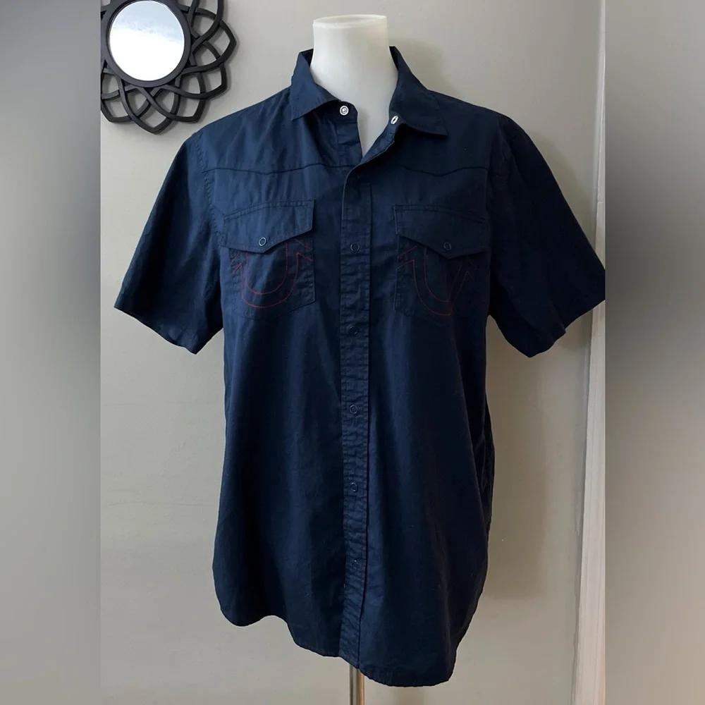 True Religion Dark Blue Casual Button Down Shirt Western Casual Cotton